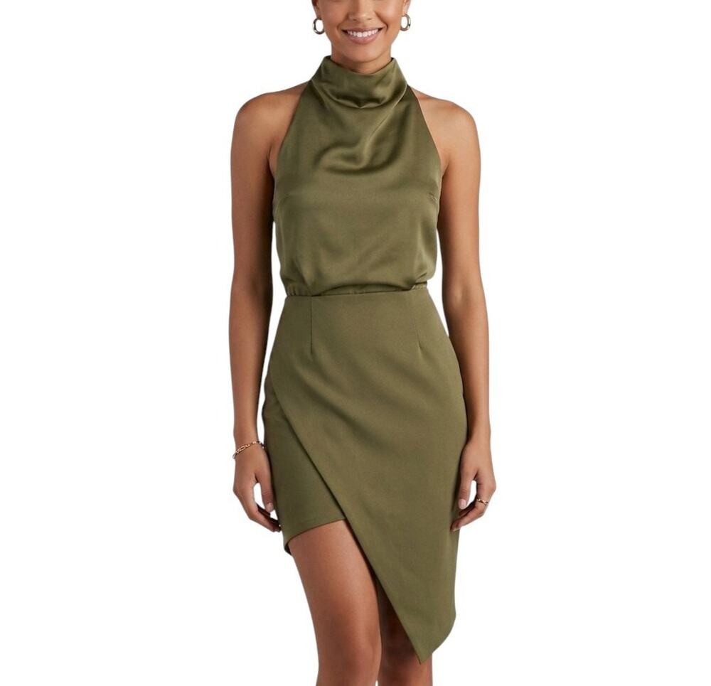 Elliatt Camo Asymmetric Satin Cocktail Halter Dress Green Women Size M NWT
